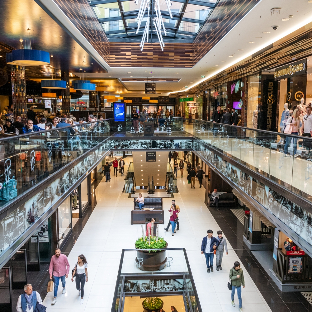 BERLIN - APRIL 28, 2018: Interior view of the new Mall of Berlin shopping centre at Leipziger Platz. The mall has various shopping facilities on four floors.